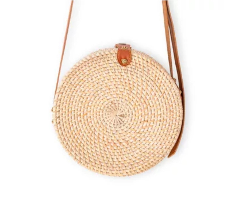 Bolso Redondo De Ratán Bolso Bandolera Beige Hecho A Mano Con Correas De Piel Sintética Bolso De Hombro Bolso Boho Bali SENJA (natural)